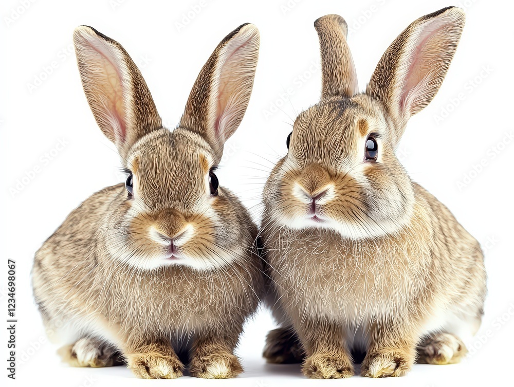 Obraz premium Two adorable brown bunnies sitting side-by-side against a white background, symbolizing gentleness and companionship. Ideal for pet adoption, Easter, or children's content.