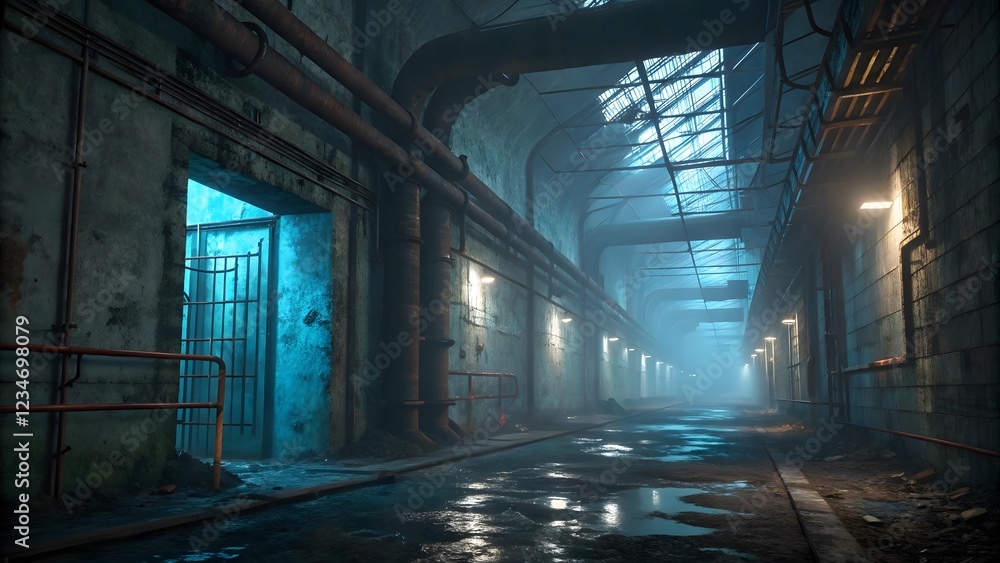 Fototapeta premium Sci-Fi Dark Maze with Greenish Radioactive Glow