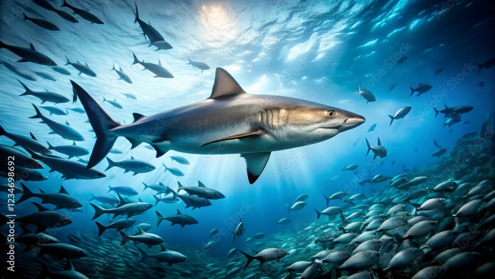 Fototapeta premium Majestic Shark Swimming Through Vibrant Underwater Ecosystem