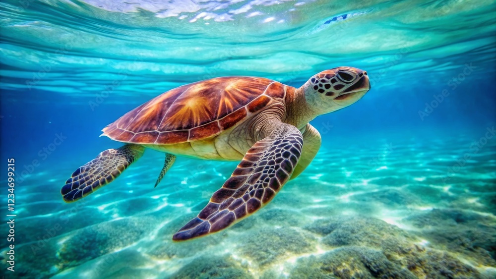 Fototapeta premium Graceful Sea Turtle Gliding Through Clear Tropical Waters