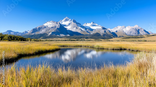 Mountain reflection in autumnal wetland