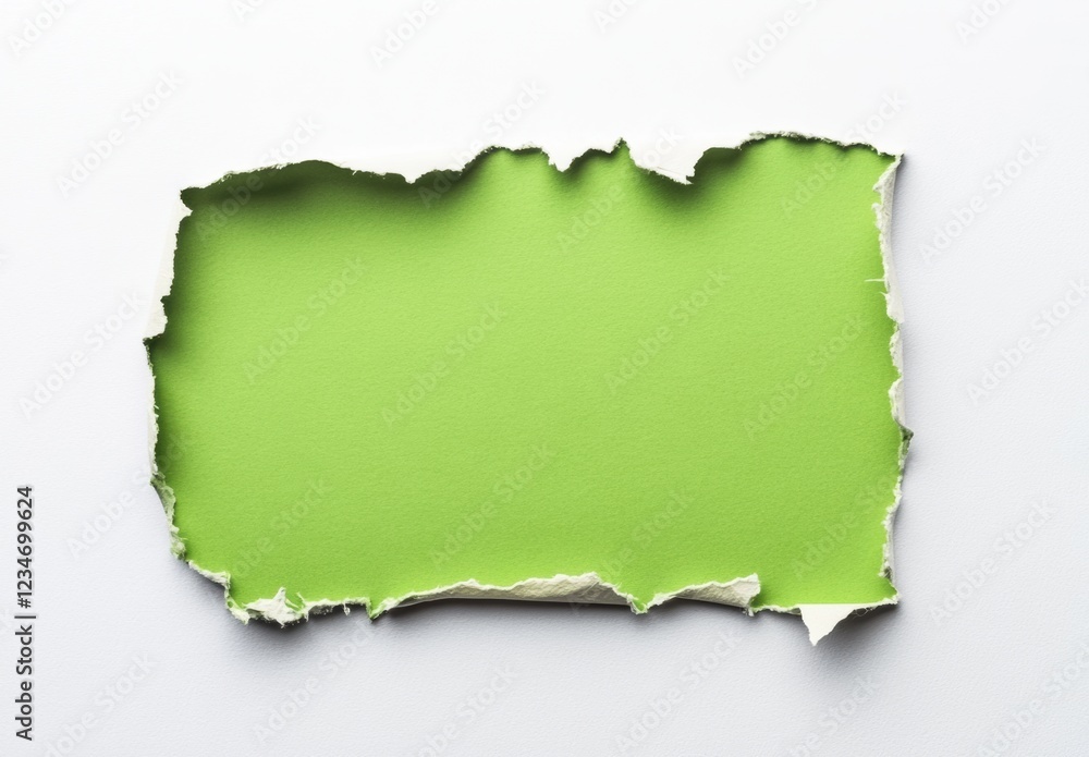 Green square hole on a white paper with a ripped edge against a pure background, top view. Green square hole on a white paper with a ripped edge against a pure background, top view.
