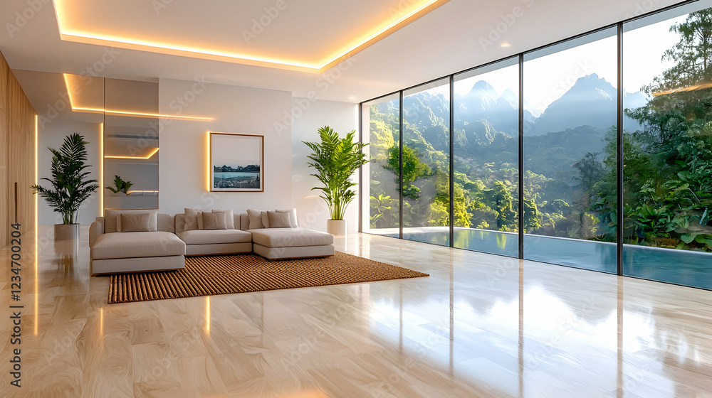 Fototapeta premium Modern living room, mountain view, infinity pool, tropical landscape, interior design