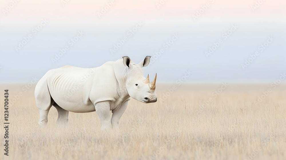 Naklejka premium White rhino grazing savanna sunset wildlife conservation