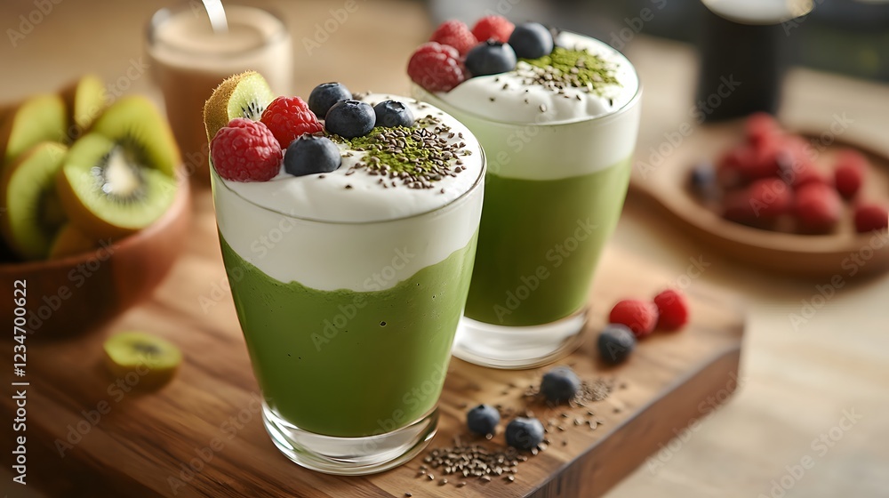 Matcha latte with a focus on its health benefits, served with a side of fresh fruit and superfoods like chia seeds Matcha latte with a focus on its health benefits, served with a side of fresh fruit and superfoods like chia seeds