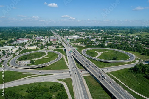 Aerial view of a highway map, a complex network of intersections. The composition features notes in the shape of multiple lines and curves forming an intricate web or network on top of many roads,