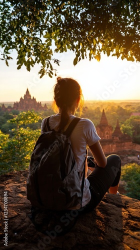Woman Traveler Contemplates Sunset View Over Ancient Temples