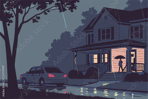  Heavy rain at night, flooded suburban street, car taillights, house with porch light, figure with umbrella, reflections on water, atmospheric lighting, cinematic, moody, dramatic, photorealistic, d