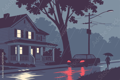  Heavy rain at night, flooded suburban street, car taillights, house with porch light, figure with umbrella, reflections on water, atmospheric lighting, cinematic, moody, dramatic, photorealistic, d
