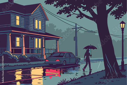  Heavy rain at night, flooded suburban street, car taillights, house with porch light, figure with umbrella, reflections on water, atmospheric lighting, cinematic, moody, dramatic, photorealistic, d