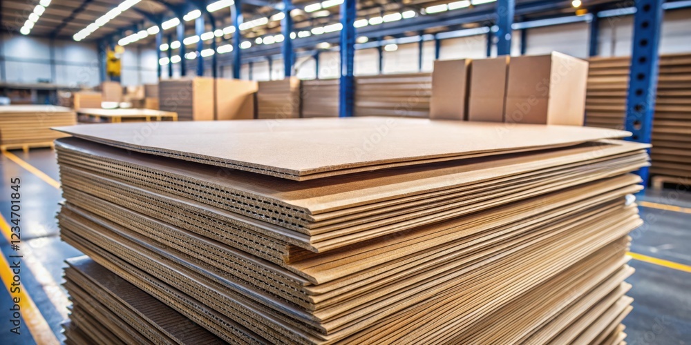 Obraz premium A stack of corrugated cardboard sheets sits in a warehouse with rows of corrugated boxes behind it.