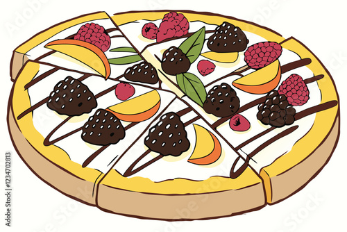  Colorful fruit pizza, vibrant dessert, fresh raspberries and blackberries, sliced mangoes, chocolate drizzle, creamy white filling, golden crust, artistic arrangement, appetizing presentation, high