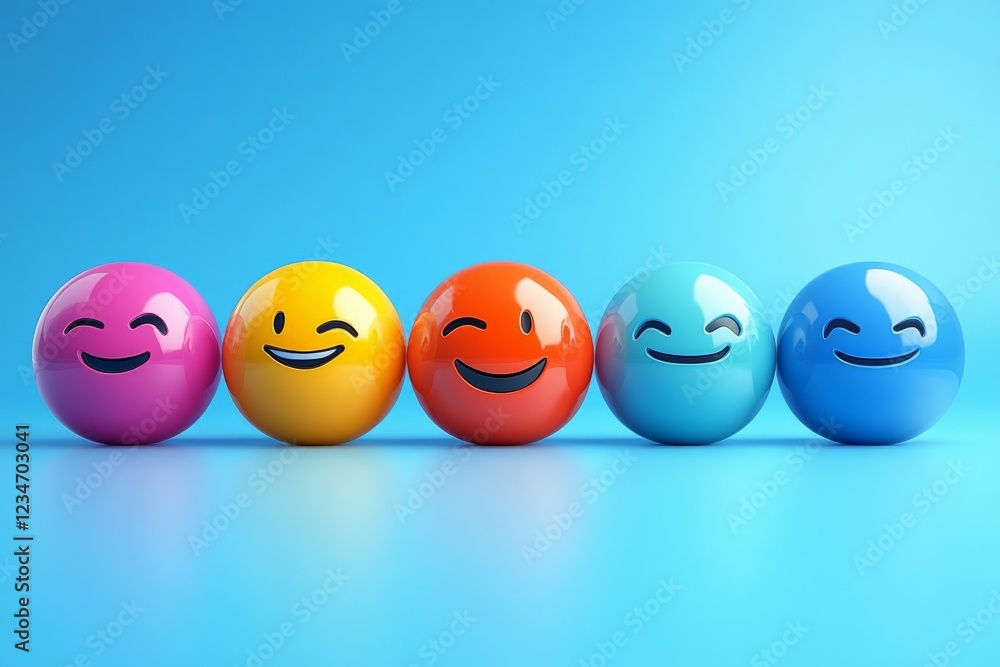 Colorful emoji balls in a row show a range of expressions against a bright blue background Colorful emoji balls in a row show a range of expressions against a bright blue background