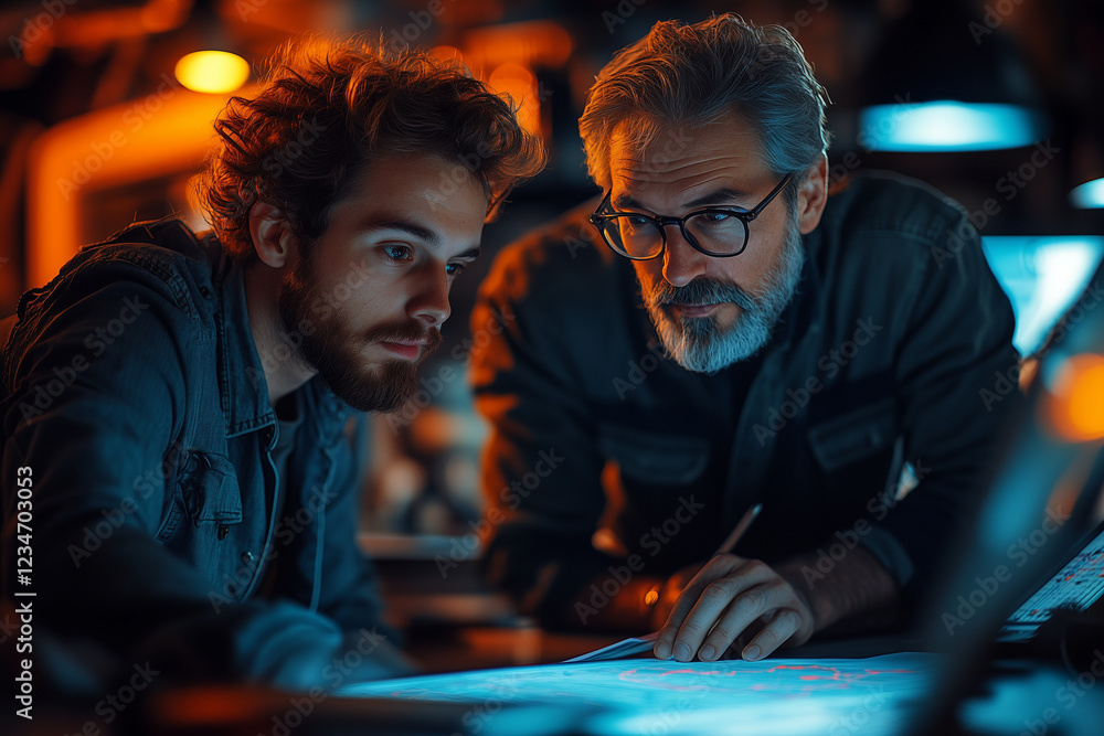 A young IT intern taking notes while observing a senior developer explain a system architecture diagram. Bright lighting, contrast A young IT intern taking notes while observing a senior developer explain a system architecture diagram. Bright lighting, contrast