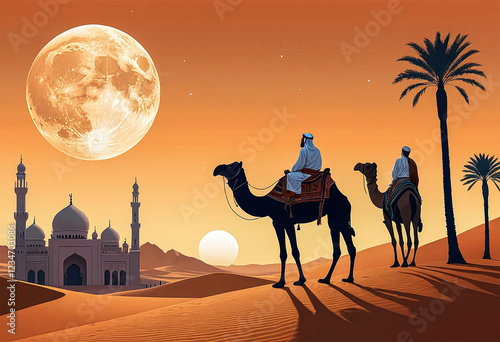 Sunset Arabic Desert Camel Caravan Muslim Islamic Culture Illustration