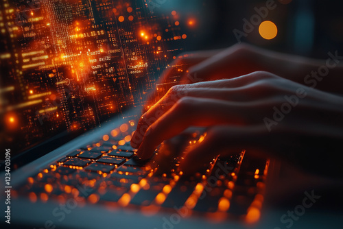 A pair of hands typing on a laptop keyboard, with holographic coding symbols floating above. Bright lighting, contrast