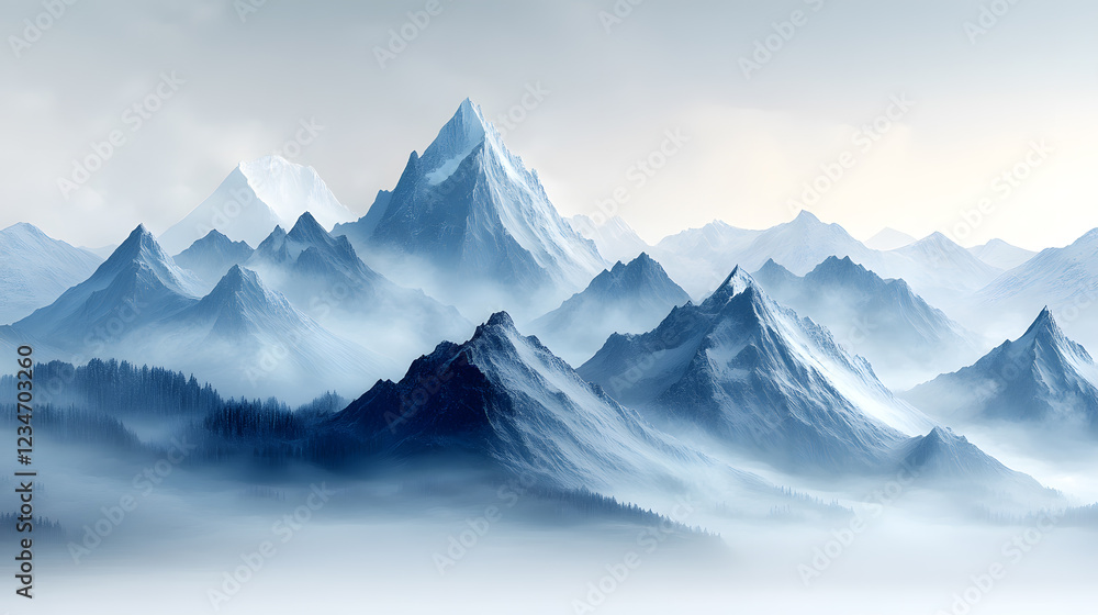 Fototapeta premium Serene mountains rise through the mist at dawn, softly illuminating the tranquil landscape