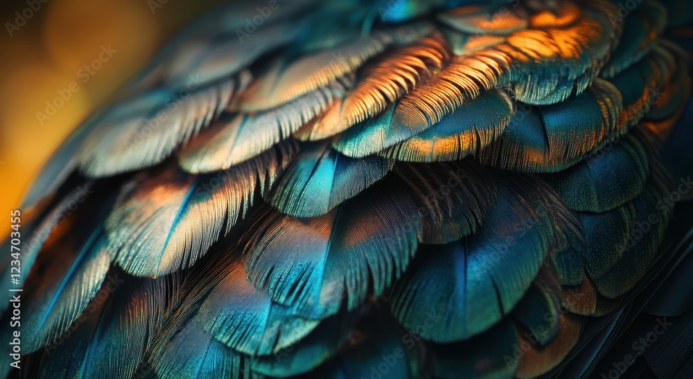 Fototapeta premium A close-up of iridescent bird feathers, showcasing vibrant blues and greens with intricate textures and patterns.