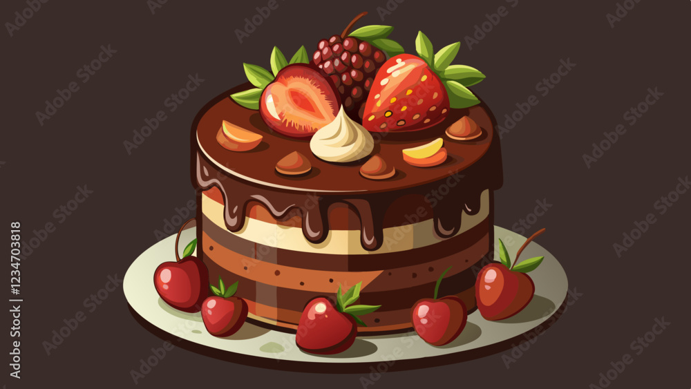 Chocolate cake with with berries, strawberries and cherries. cake on a dark brown background. copy space Chocolate cake with with berries, strawberries and cherries. cake on a dark brown background. copy space