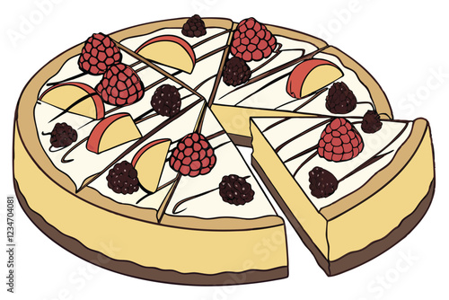  Colorful fruit pizza, vibrant dessert, fresh raspberries and blackberries, sliced mangoes, chocolate drizzle, creamy white filling, golden crust, artistic arrangement, appetizing presentation, high