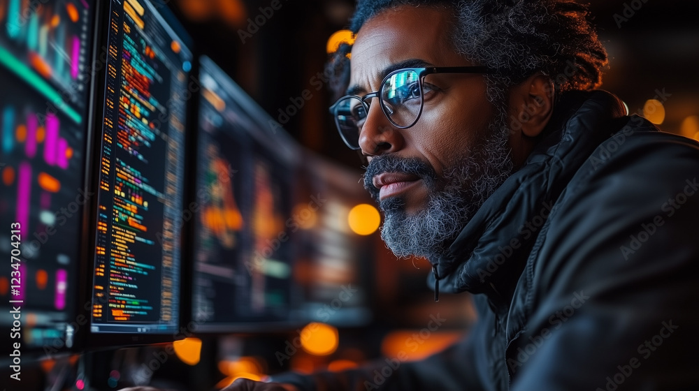 A tech-savvy individual using multiple monitors with diverse data visualizations displayed. Bright lighting, contrast A tech-savvy individual using multiple monitors with diverse data visualizations displayed. Bright lighting, contrast