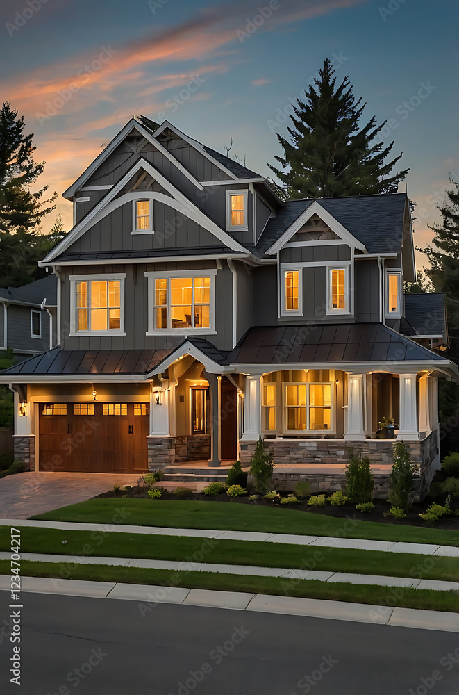 Fototapeta premium Luxury Modern Home Exterior at Dusk: Architectural Design and Landscaping
