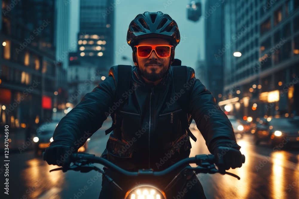 Biker with reflective sunglasses navigating a rainy urban street at dusk Biker with reflective sunglasses navigating a rainy urban street at dusk