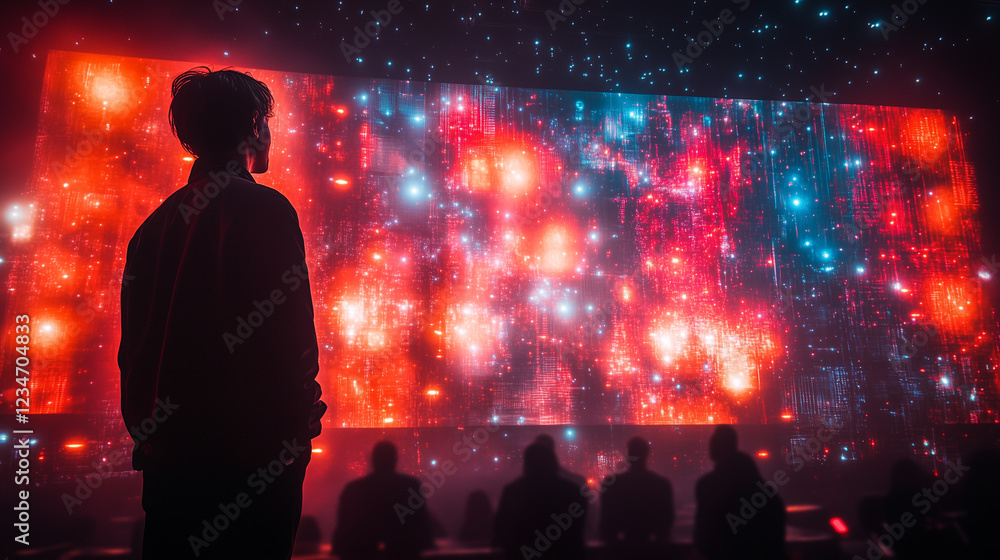 An IT conference scene: keynote speaker presenting with vibrant holographic visuals. Bright lighting, contrast An IT conference scene: keynote speaker presenting with vibrant holographic visuals. Bright lighting, contrast