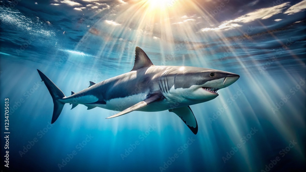 Fototapeta premium Majestic Great White Shark Swimming in Clear Ocean Waters
