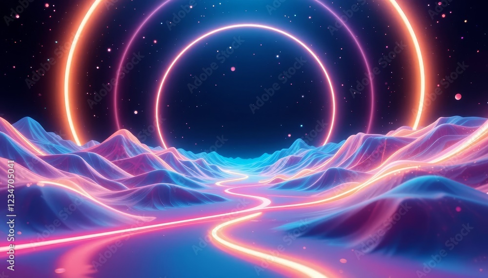 Neon landscape with glowing waves and a cosmic sky Neon landscape with glowing waves and a cosmic sky