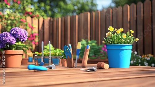 Colorful Gardening Tools and Pots on Wooden Table in Greenhouse