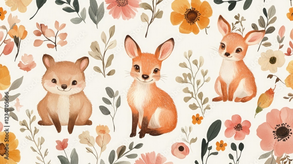 Baby animals and flowers fabric pattern -. Baby animals and flowers fabric pattern -.