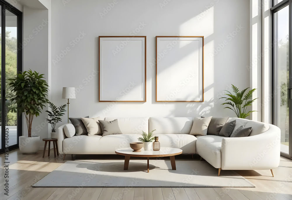 Fototapeta premium Frame mockup, ISO A2 size. Dining room wall visual mockup. Interior mockup with vibrant background. Contemporary interior design