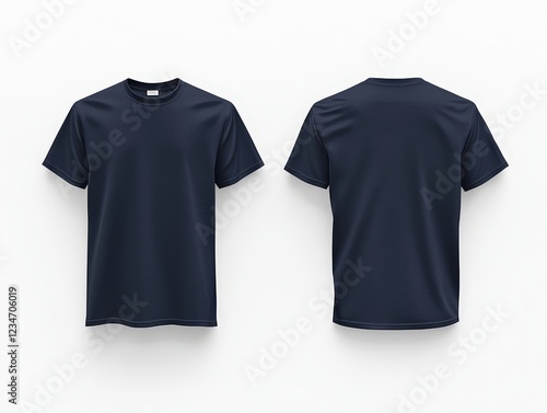 Navy blue t-shirt mockup, front and back view, isolated on a white background, showcasing clean design and fabric texture. Perfect for branding, ecommerce, and apparel presentations.