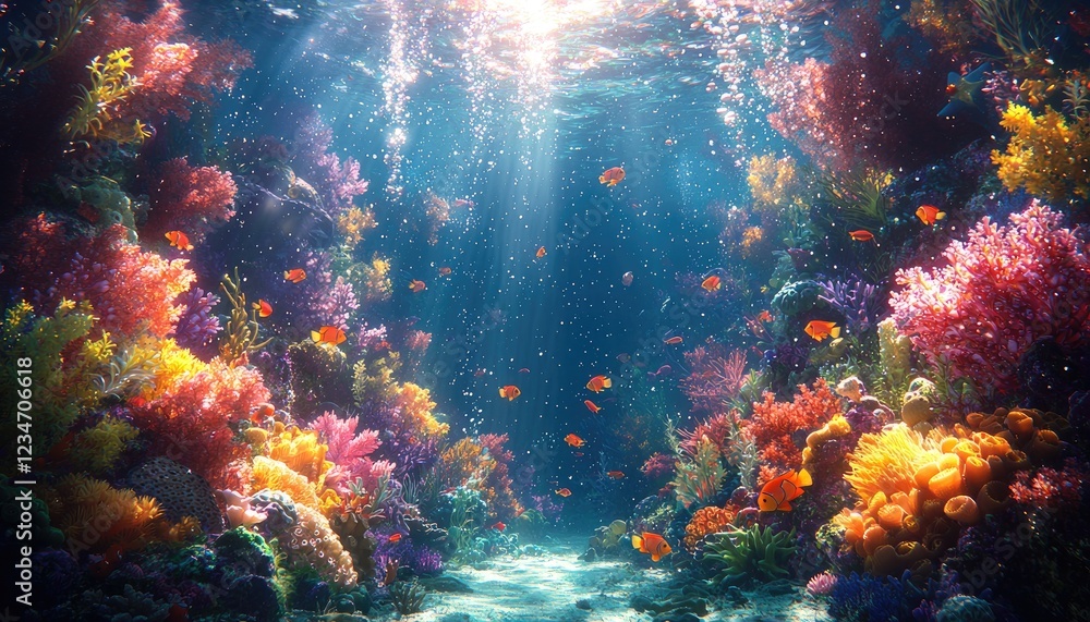 Fototapeta premium Vibrant Coral Reef Ecosystem With Colorful Fish Swimming