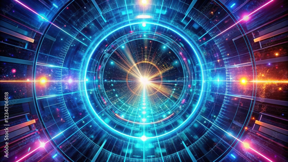 Obraz premium A glowing futuristic portal with intricate digital patterns and vibrant neon lights creating an ethereal gateway into an unknown realm