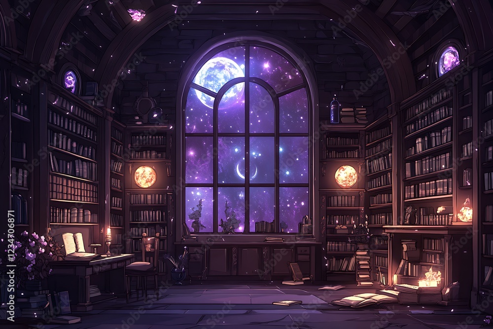 Obraz premium Grand Magical Library with Towering Bookshelves and Floating Books