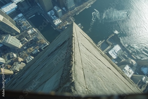 High vantage view from edge of skyscraper overlooking cityscape and water photo