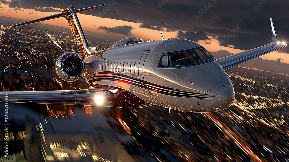 Private jet flying over city at sunset; luxury travel