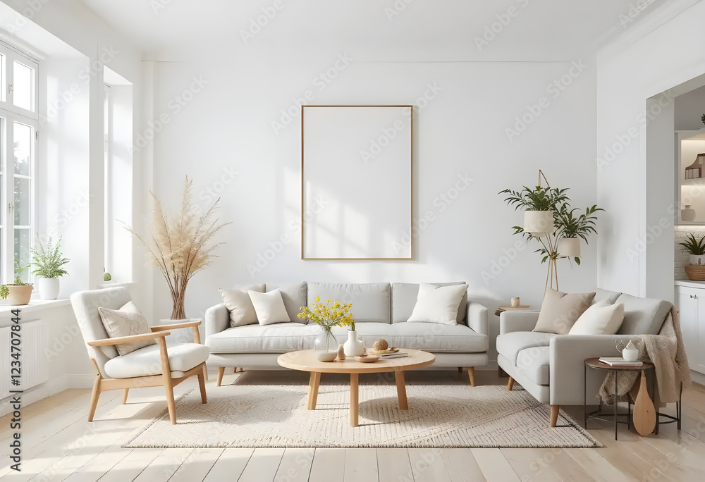 Fototapeta premium Frame mockup, ISO A2 size. Dining room wall visual mockup. Interior mockup with vibrant background. Contemporary interior design