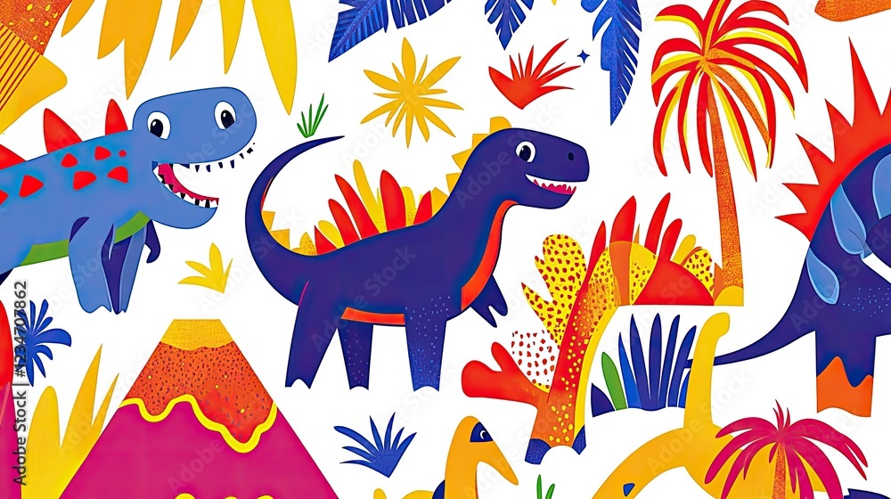 Obraz premium Happy Dinosaurs Tropical Jungle Pattern