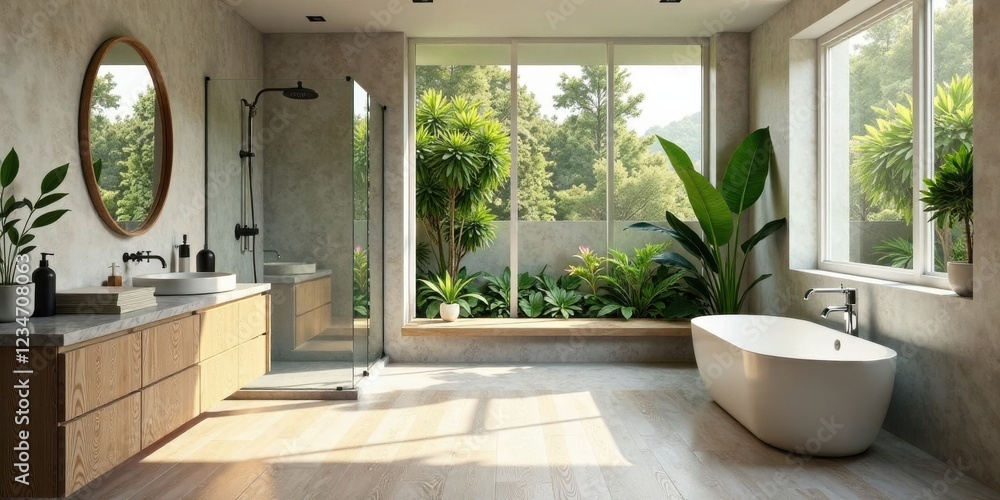 Fototapeta premium Serene Bathroom Sanctuary Modern Minimalist Design with Lush Greenery and Natural Light
