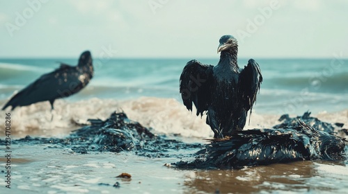 Environmental crisis oil-soaked birds on the beach coastal area wildlife photography natural habitat close-up pollution awareness photo