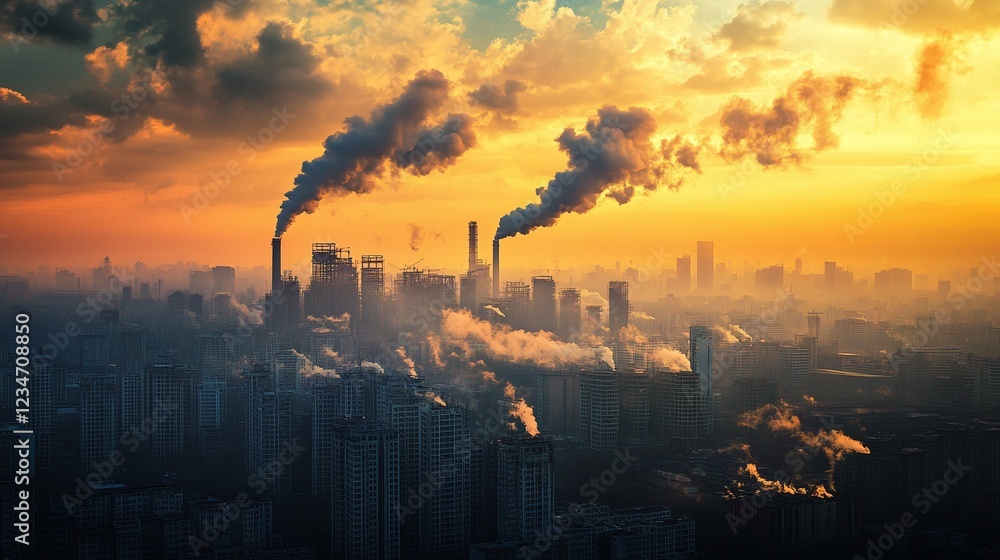 Obraz premium Industrial pollution impact on urban landscapes city at dusk photography cloudy environment aerial view environmental awareness