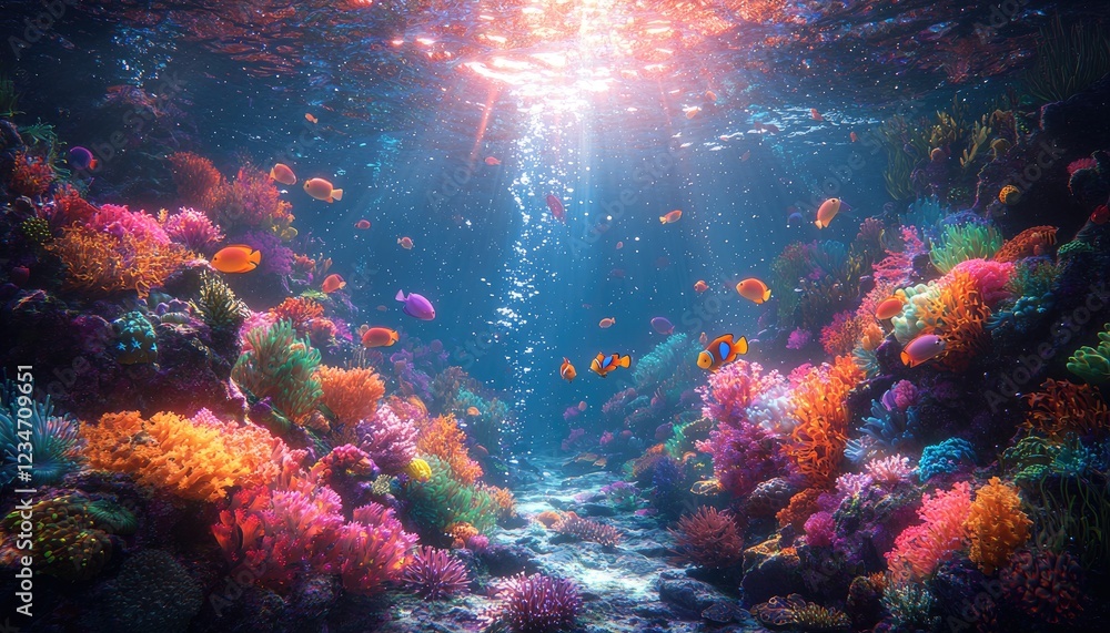 Fototapeta premium Vibrant Coral Reef Ecosystem With Colorful Fish Swimming