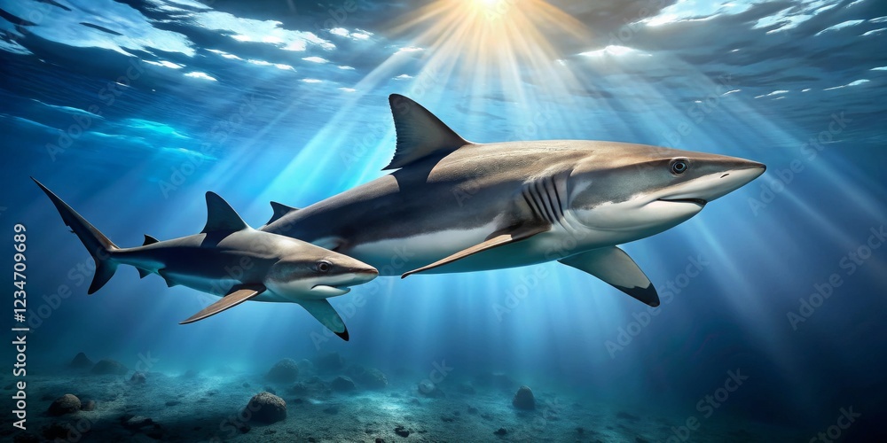 Obraz premium Majestic Sharks Swimming in Beautiful Sunlit Ocean Waters