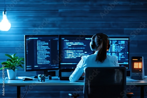 Woman Software Developer Working Late at Night in Front of Dual Monitors Displaying Code