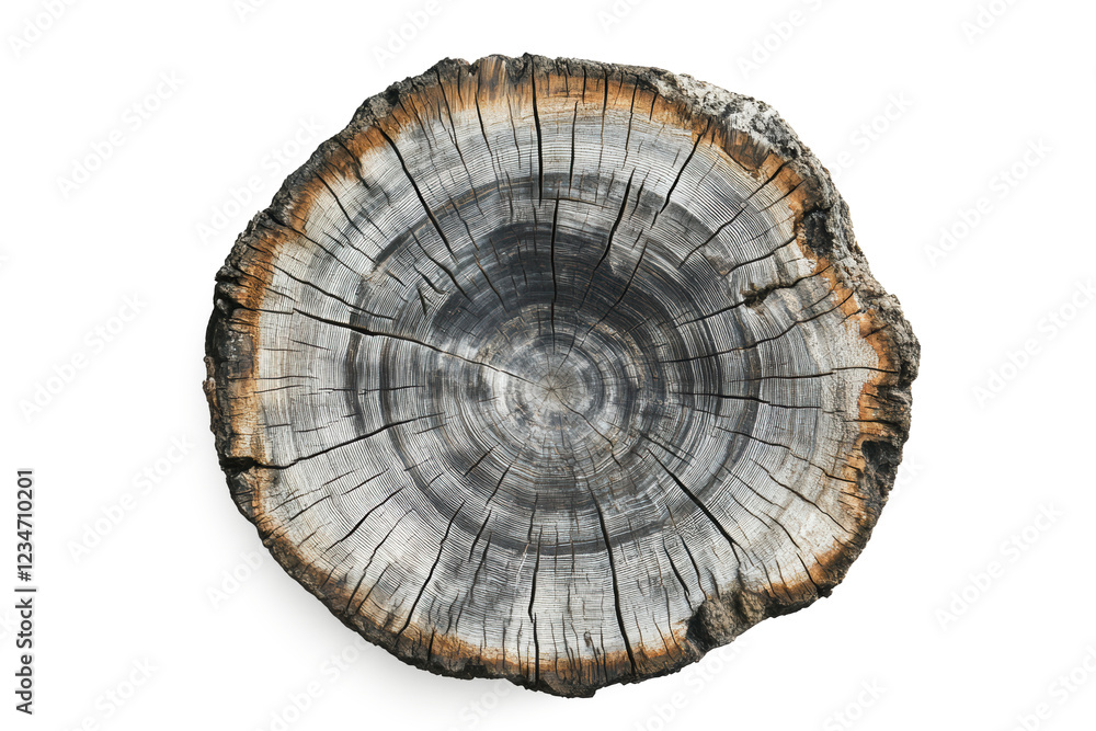 Fototapeta premium An ultra-realistic cut tree stump with visible wood grain, isolated on a white background, high-resolution photography.