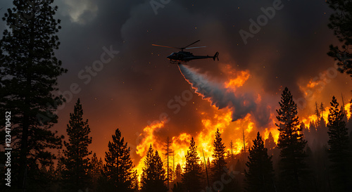 Helicopter fights wildfire with water drop on burning pine trees. Ideal for firefighting, environmental, and emergency response concepts.