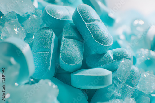 Blaue Tabletten auf Eis für pharmazeutische Darstellung  
 photo